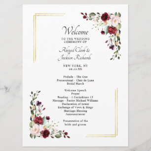 Programa Cerimônia de Casamento Floral de Ouro Elegante