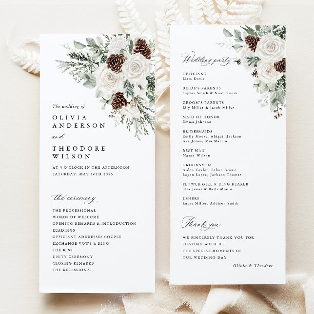 Programa Cerimônia de Casamento Floral de Pinheiro no Inver (Sage Green Winter Floral Wedding Program Card, White Rose Pinecone Ceremony Program Woodland Wedding)