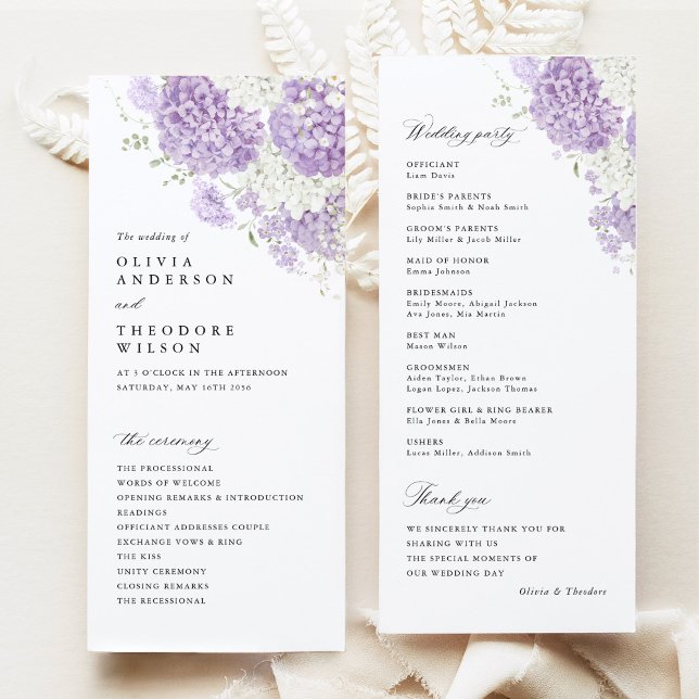 Programa Cerimônia de Casamento Floral Lavanda Lilás Branco (Lavender lilac hydrangea wedding program card, white floral ceremony program and wedding party card)
