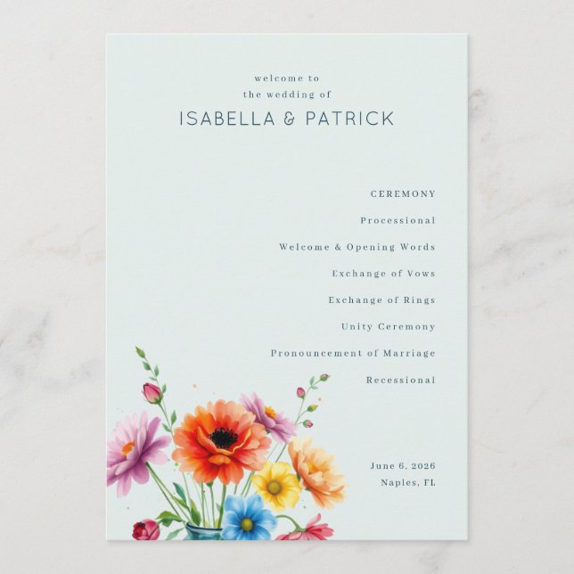 Programa Cerimônia de Casamento Floral Pastel Serena (Frente)