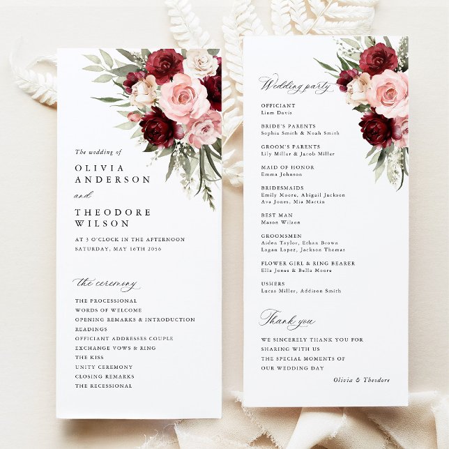 Programa Cerimônia de Casamento Floral Rosa Bege Borgonha (burgundy blush pink floral wedding program card, ceremony program, elegant burgundy rose stationery)