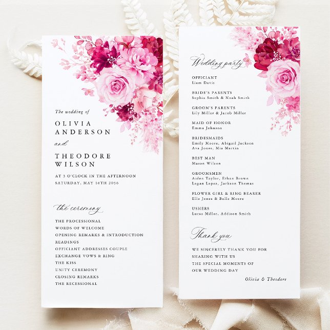 Programa Cerimônia de Casamento Floral Rosa Quente (Hot Pink Floral Wedding Program, Elegant Garden Ceremony Program Wedding Party Order of Service Card)