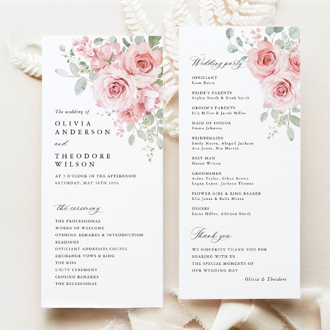 Programa Cerimônia de Casamento Floral Rosa Rubor (Blush Rose Floral Wedding Program, Watercolor Blush Pink Floral  Ceremony Program)