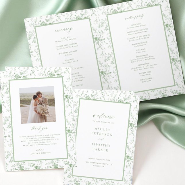 Programa Cerimônia de Casamento Floral Verde Vitoriano Toil (Criador carregado)