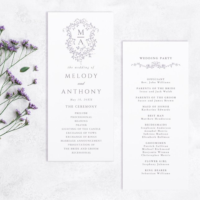Programa Cerimônia de Casamento Lavanda Clássica Floral Cre (Front & Back)