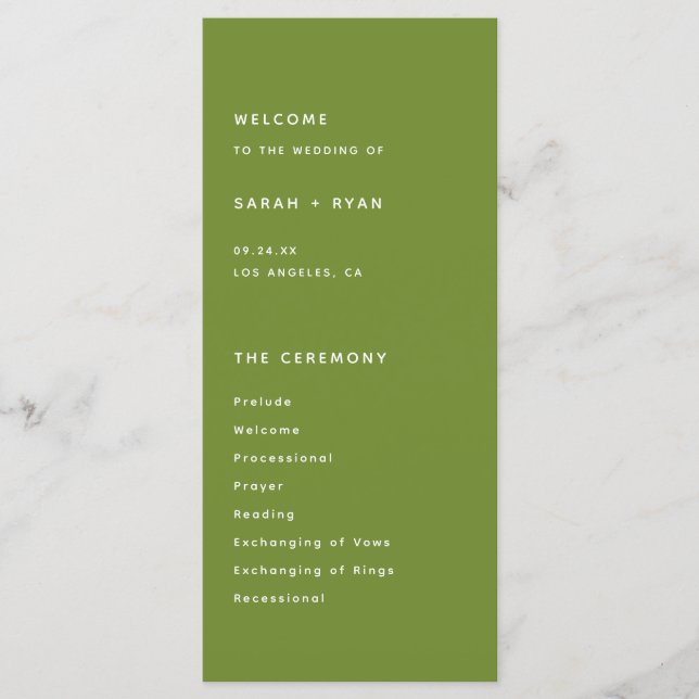 Programa Cerimônia de Casamento Minimalista em Verde Oliva  (Frente)