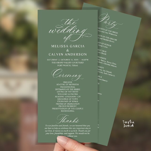 Programa Cerimônia de Casamento Moderna, Chique e Elegante (Modern Classy Elegant Romantic Wedding Ceremony Program Card in Sage Green)