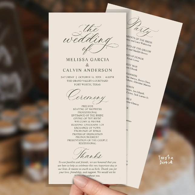Programa Cerimônia de Casamento Moderna e Elegante (Modern Classy Elegant Romantic Wedding Ceremony Program Card in cream grey)