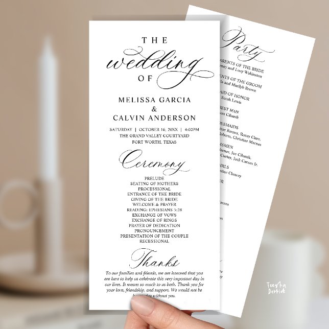 Programa Cerimônia de Casamento Moderna e Sofisticada (Modern Classy Elegant Wedding Ceremony Program card black and white)