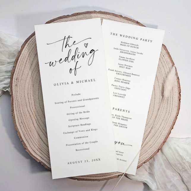 Programa Cerimônia de Casamento Moderna em Preto e Branco c (Modern black and white wedding program with elegant script, heart, and ceremony details.)