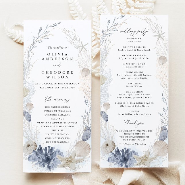Programa Cerimônia de Casamento na Praia Azul Costeira (Blue beach coastal wedding program ceremony timeline wedding party cards blue seashell stationery)