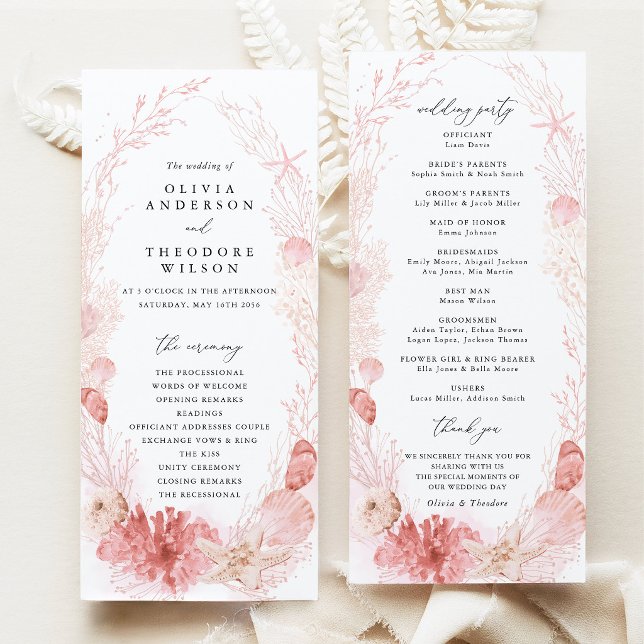 Programa Cerimônia de Casamento na Praia com Tons de Rosa e (Blush beach coastal wedding program ceremony timeline wedding party cards pink seashell stationery)