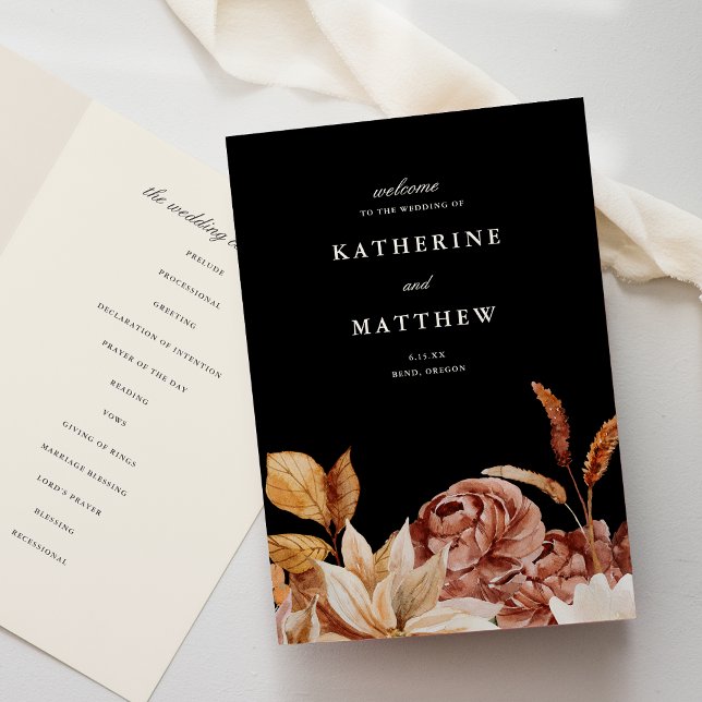 Programa Cerimônia de Casamento Negro Floral de outono Eleg (Criador carregado)