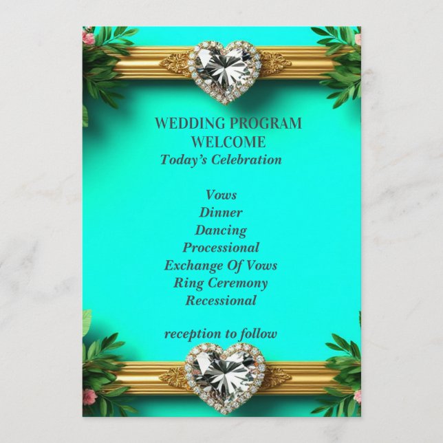 Programa Cerimônia de Casamento Romântica com Rosa Turquesa (Frente)