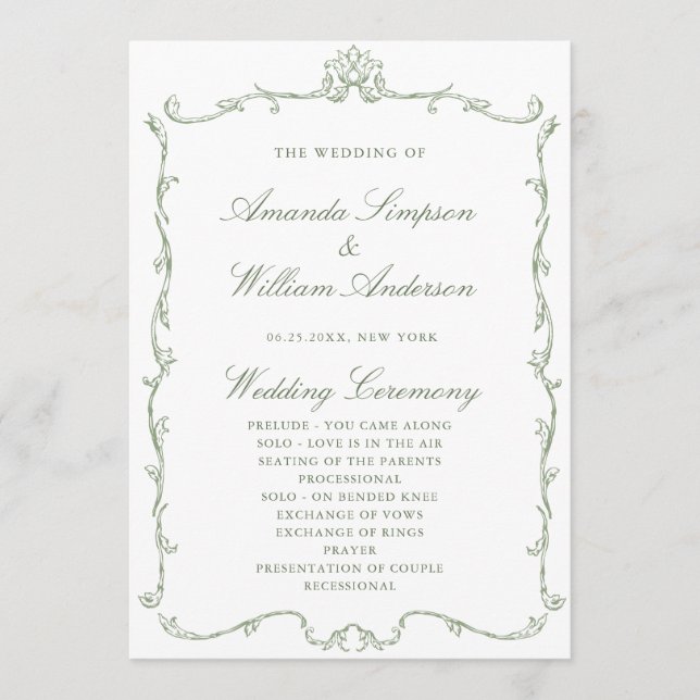 Programa Cerimônia de Casamento Verde da Ornamentado Vitori (Frente)
