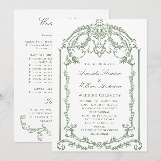 Programa Cerimônia de Casamento Verde da Ornamentado Vitori (Frente/Verso)