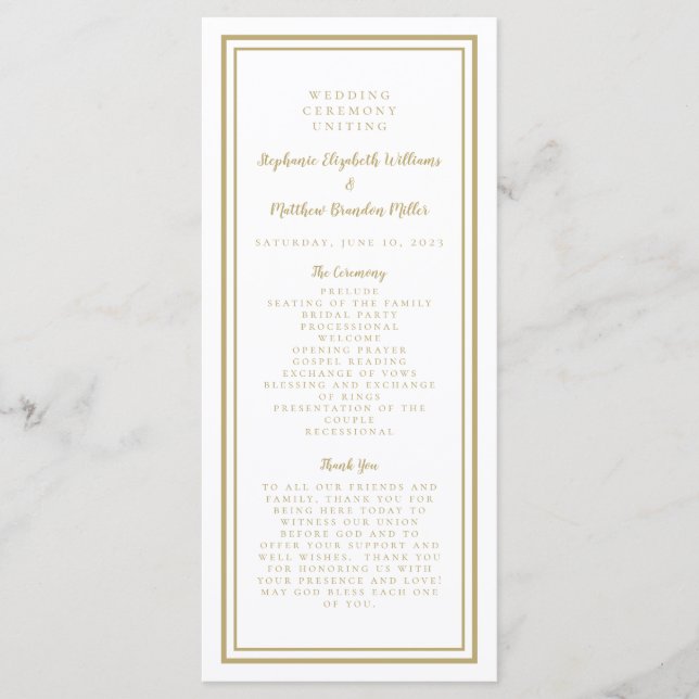 Programa Cerimônia de Serviço de Casamento em Ouro Minimali (Frente)