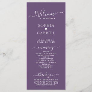Programa Cerimônia Elegante de Casamento Roxo em Script de