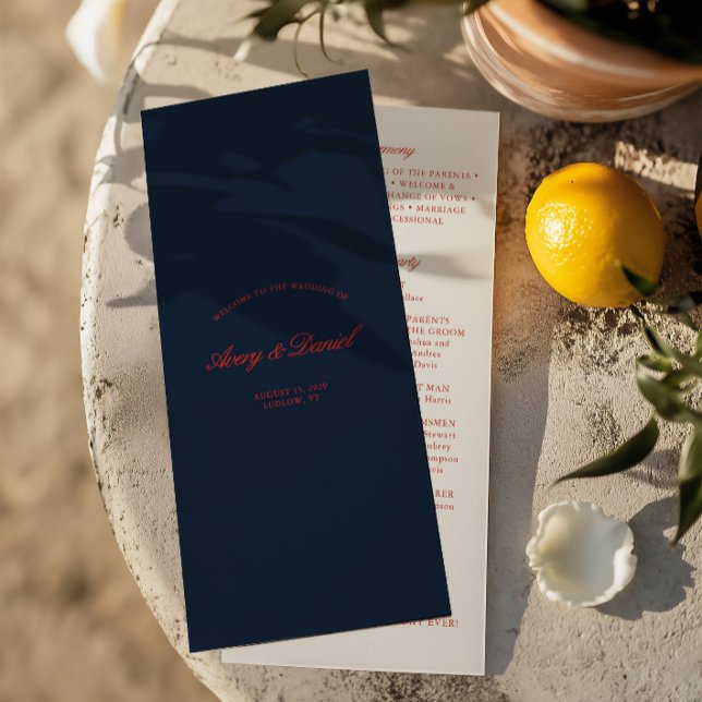 Programa Cerimônia Elegante de Casamento Vermelho e Negro A (Elegant Red & Dark Black Blue Wedding Ceremony Program)