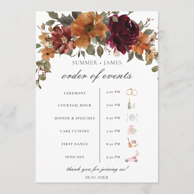 Programa Chic Burgundy Rust Casamento Floral Ordem do Event (Frente)