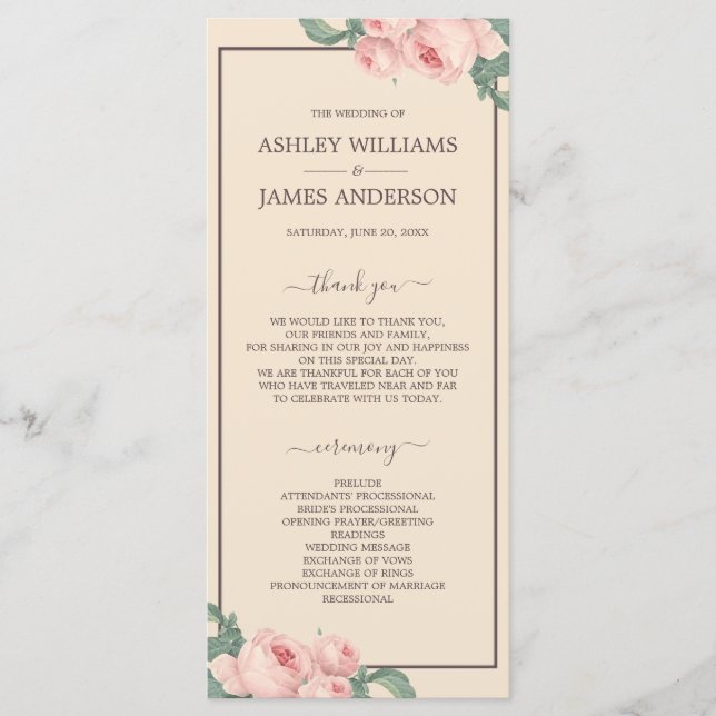 Programa Chic Floral Vintage Rosa Rosa Rosa Ivory Casamento (Frente)