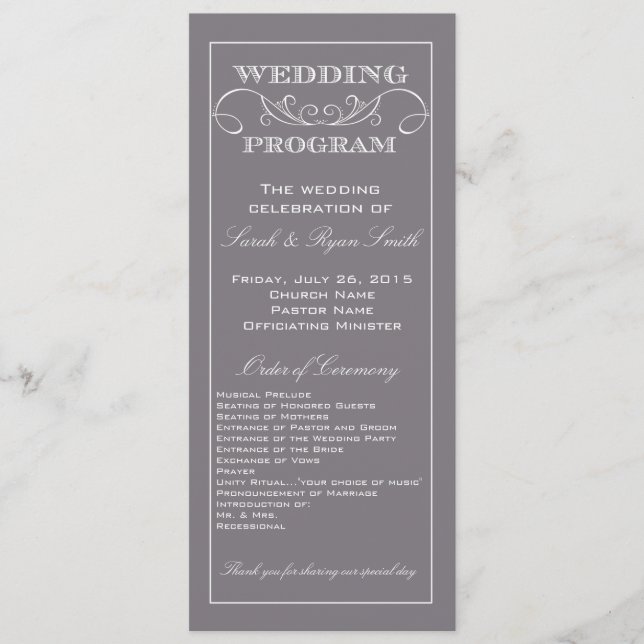Programa Chic Modern de Casamento de Cinzas (Frente)