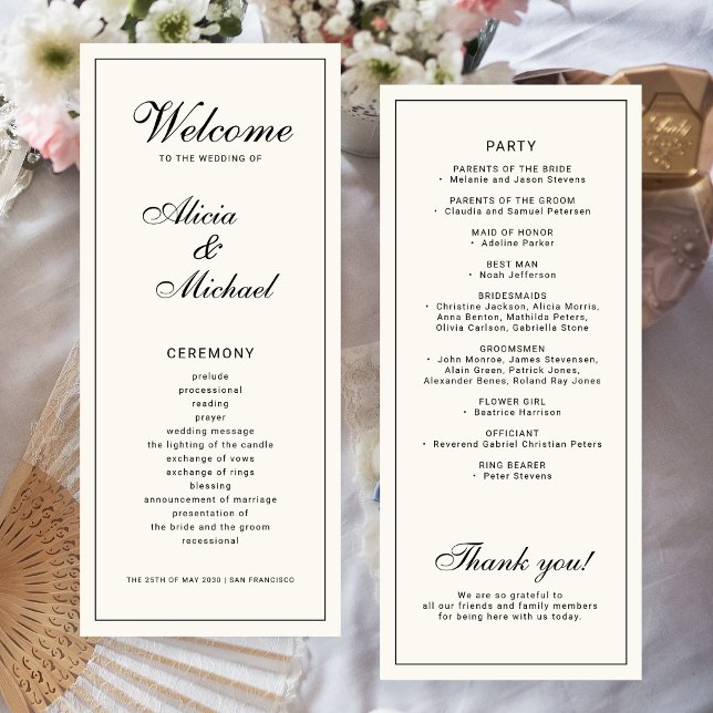 Programa Classic elegant calligraphy black ivory wedding (Criador carregado)