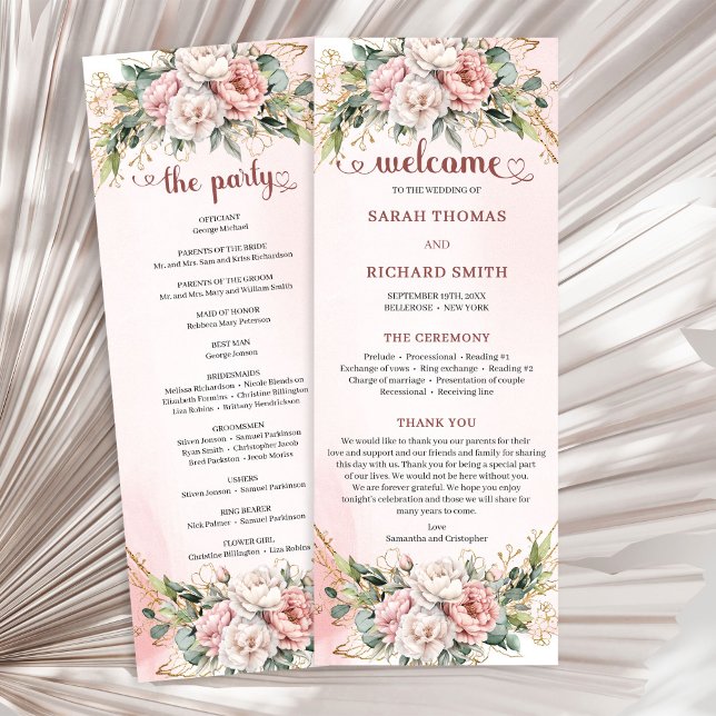 Programa Classic Rose Gold Floral Greenery Wedding Program (Classic Rose Gold Floral Greenery Wedding Program)