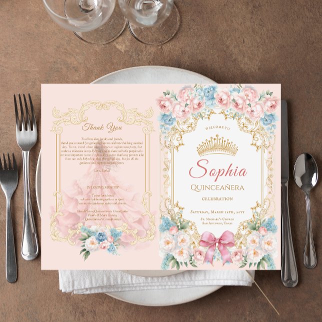 Programa Clássico de Quinceanera Floral de Arco Ro (Classy Pink Blue Floral Quinceanera Program)