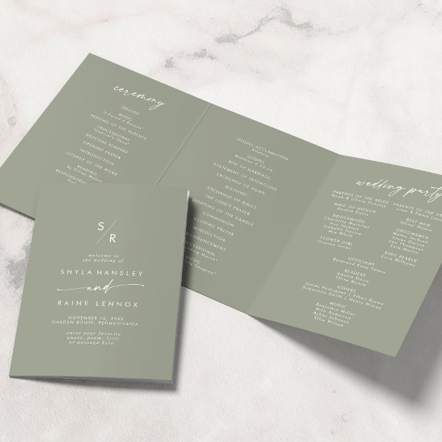 Programa Com Borda Tripla Boho Chic Sage Green Monograma Weding (Criador carregado)