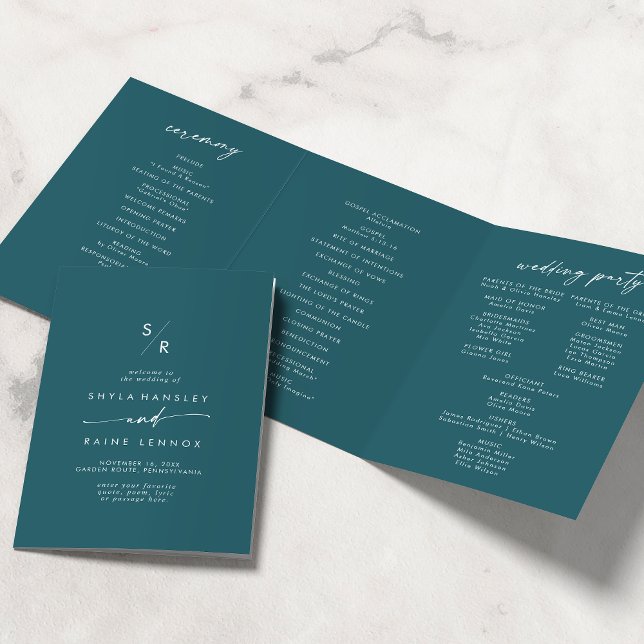 Programa Com Borda Tripla Boho Chic Teal Blue Monograma Casado (Criador carregado)