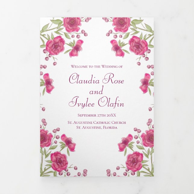 Programa Com Borda Tripla Bright Pink Rose Wedding Programs (Cobrir)
