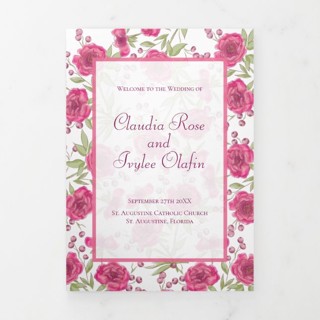 Programa Com Borda Tripla Bright Pink Rose Wedding Programs (Cobrir)