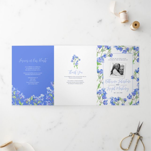Programa Com Borda Tripla Casamento de flor botânica de cor azul-acastanhada (Fora)