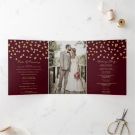 Programa Com Borda Tripla Casamento de Fotos de Confetti, Dourado e Burgundy