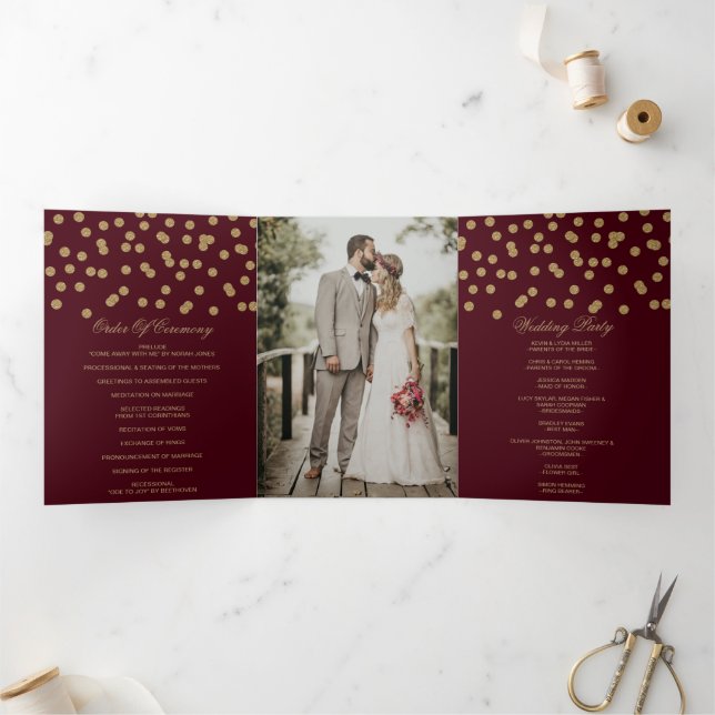 Programa Com Borda Tripla Casamento de Fotos de Confetti, Dourado e Burgundy (Dentro)