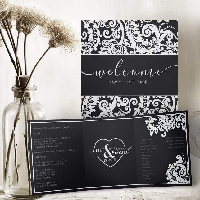 Programa Com Borda Tripla Casamento Elegante de Damasco Branco Negro Moderno (elegant black and white floral damasic classic trifold wedding program)