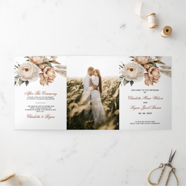 Programa Com Borda Tripla Casamento Floral Boho Pampas Terracota Rústico de  (Fora)