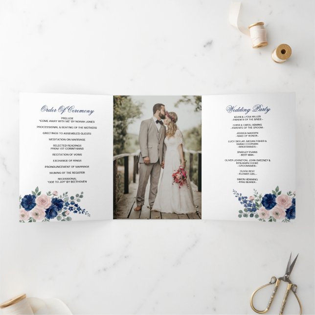 Programa Com Borda Tripla Casamento Floral Moderno Azul Marinho e Bege (Dentro)
