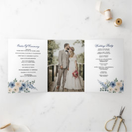 Programa Com Borda Tripla Casamento Floral Moderno Azul Poeirento Bege Marfi