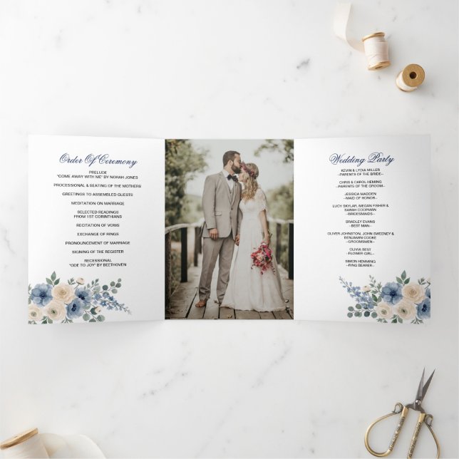 Programa Com Borda Tripla Casamento Floral Moderno Azul Poeirento Bege Marfi (Dentro)