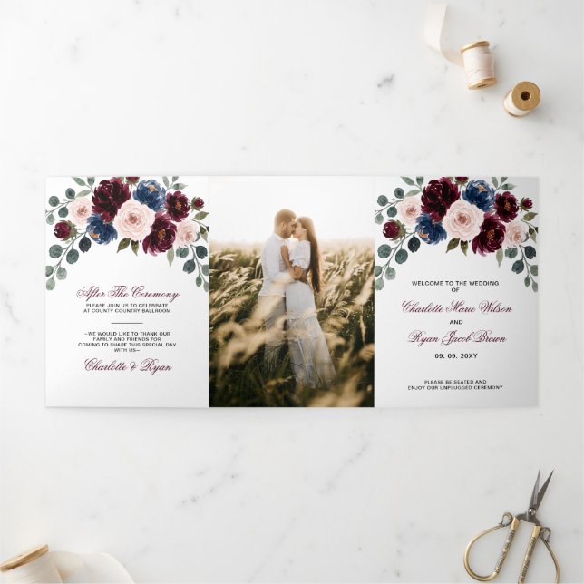 Programa Com Borda Tripla Casamento Floral Verde Naval Bege Borgonha (Fora)