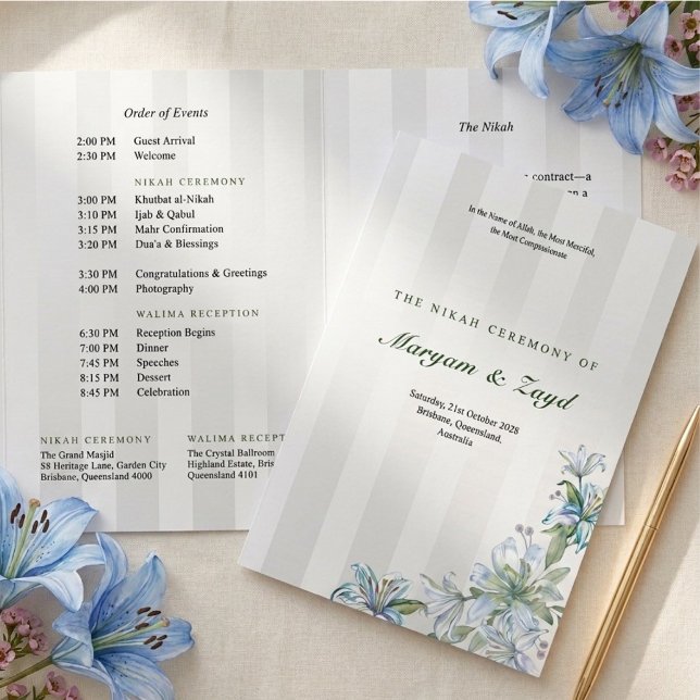 Programa Com Borda Tripla Casamento Islâmico Nikah Blue Lily Grey Stripe (Criador carregado)