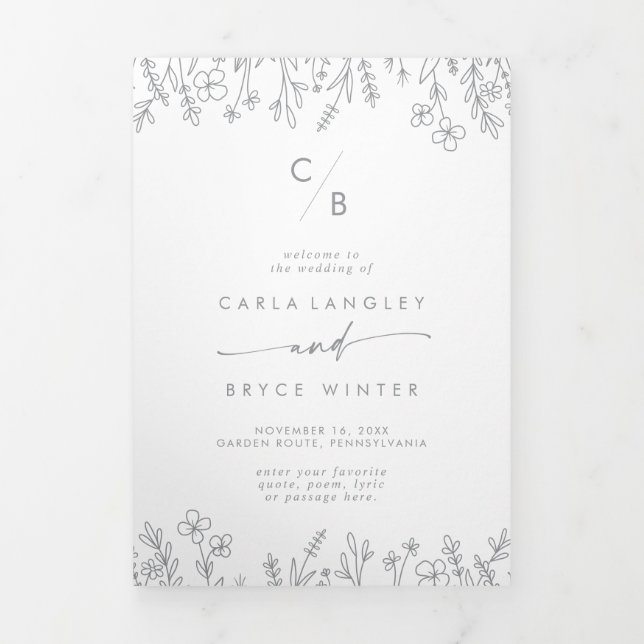 Programa Com Borda Tripla Casamento Monograma de Flor Silvestre Cinza Boho C (Cobrir)