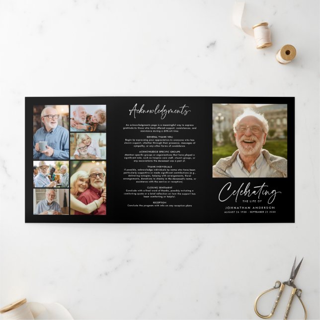 Programa Com Borda Tripla Celebração da Vida 14-Foto Funeral Preto e Branco (Fora)