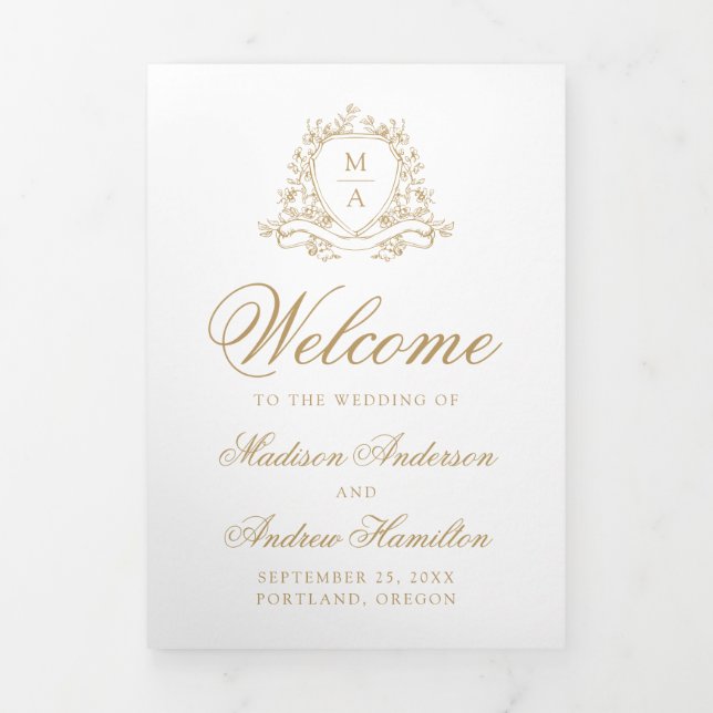 Programa Com Borda Tripla Crest Floral Monograma de Ouro Elegante Casamento (Cobrir)