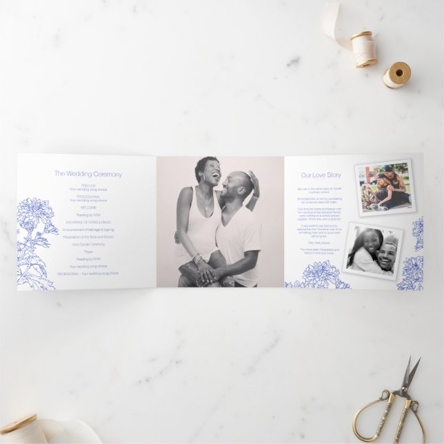 Programa Com Borda Tripla Desenho de flor azul branca de crisântemo (Dentro)