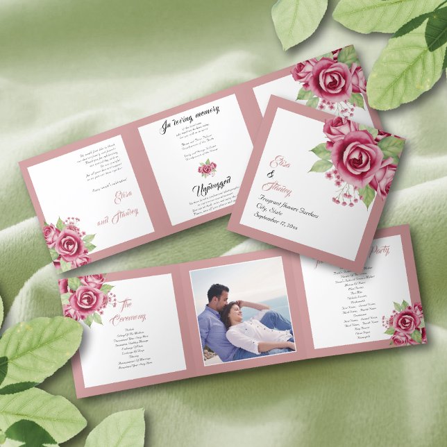 Programa Com Borda Tripla Foto de casamento de rosa de cor rosa-rosa-poeira (Criador carregado)