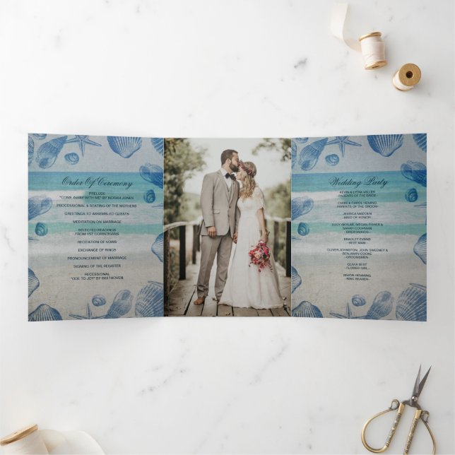 Programa Com Borda Tripla Foto Rustic Blue Seashells Beach Weding (Dentro)