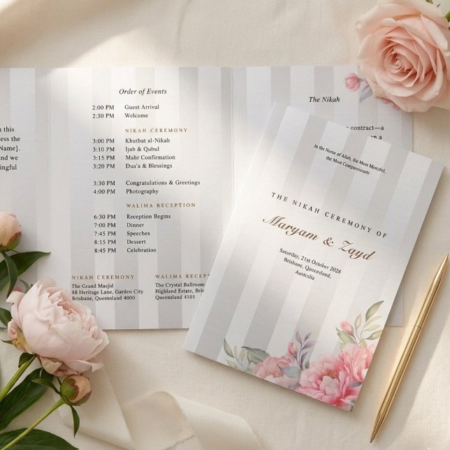 Programa Com Borda Tripla Islamic Nikah Wedding | Blush Peony Grey Stripe (Criador carregado)